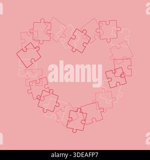 Cornice di pezzi a forma di cuore, contorni rossi e rosa, romantico elemento di design a forma di cuore, simbolo dell'amore, su sfondo rosa. Illustrazione vettoriale Illustrazione Vettoriale