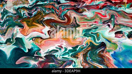 Un'immagine dinamica e caleidoscopica astratta con sfumature turchesi, rosa, rame e smeraldo. Foto Stock