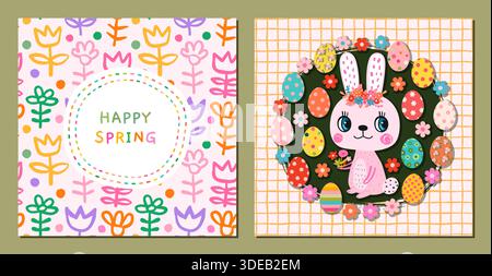 Set vettoriale con biglietti d'auguri primaverili con simpatici coniglietti, fiori e uova di Pasqua, poster colorati, striscioni Illustrazione Vettoriale