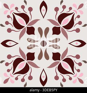 Elemento di design isolato floreale in Damasco vintage. Elemento vegetale rosa marrone su sfondo chiaro. Motivo vettoriale floreale etnico senza cuciture. Fantasia geometrica Illustrazione Vettoriale