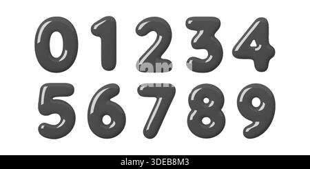 Numero 3D lucido impostato in stile palloncino grigio uniforme. Le cifre morbide e luccicanti creano un bel look a bolle grigie per layout divertenti Illustrazione Vettoriale