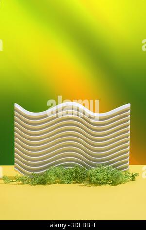 Struttura elementi geometrici in calcestruzzo e muschio verde isolati su sfondo sfumato verde giallo. Natura morta. minimalismo. Foto Stock