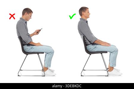 Uomo con postura scarsa e buona seduta su una sedia su sfondo bianco, collage di foto Foto Stock