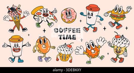 Set di personaggi gastronomici retrò con tazze da caffè in stile cartoni animati, ciambelle, pizza, hamburger, gelati e cupcake in pose giocose. Vettore VIBRANT Illustrazione Vettoriale