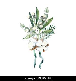 Mistletoe, ramo di abete rosso, cotone legato con nastro. Composizione dell'icona Christmas holly. Tradizionale bouquet invernale natalizio con frutti di bosco bianchi. Acquerello Foto Stock