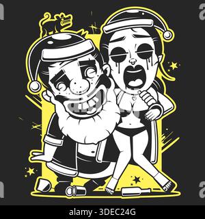 Il set artistico disegnato a mano per la festa di Capodanno include bottiglie e bicchieri di champagne, regali, fuochi d'artificio, scintillanti e decorazioni per feste. Illustrazione Vettoriale