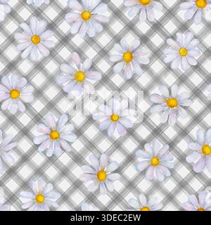 Fiori di margherita di acquerello. Motivo senza cuciture a strisce bianche nere grigio floreale. Acquerello disegnato a mano sfondo per illustrazione botanica estiva. Stampare per Foto Stock