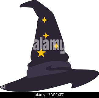 Un alto cappello mago appuntito in tessuto scuro con un bordo floppy e stelle gialle sparse. Illustrazione Vettoriale