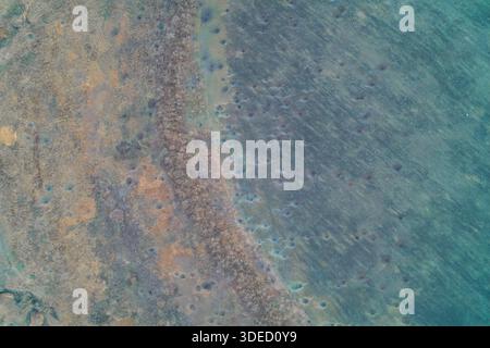 Vista aerea dall'alto verso il basso di un paesaggio paludoso surreale caratterizzato da terreno verde e marrone ricoperto da numerosi piccoli crateri. Uno sfondo naturale astratto che assomiglia a un terreno alieno, alla consistenza del tessuto biologico o a motivi di permafrost che si fondono. Foto Stock