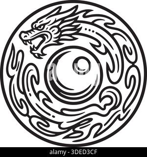 Logo con logo Art Vector a linea circolare con logo Dragon Pearl stilizzato Illustrazione Vettoriale