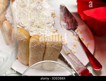 Torta Charlotte al cocco, circondata da biscotti con savoiardi e decorata con scaglie di cocco grattugiate sul tavolo. Vista dall'alto. Foto Stock