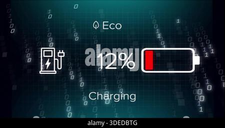 Visualizzazione dell'indicatore della batteria che mostra la barra rossa bassa del 12% sul cruscotto EV con l'icona della stazione Eco LEAF Foto Stock