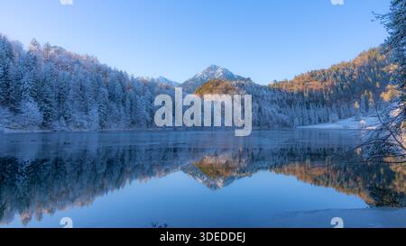 Le Montagne ghiacciate si specchiano nell'Alatsee in Baviera, Allgaeu, Germania, con le magnifiche vibrazioni invernali Foto Stock