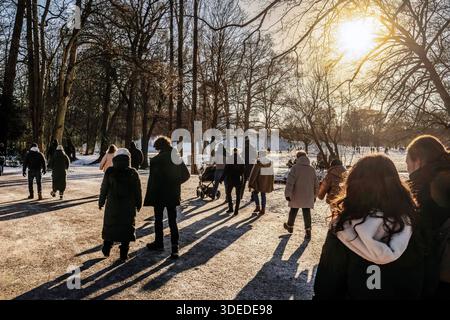 Winterspaziergang im Englischen Garten, Die Sonne taucht alles in ihr goldenes Licht, Sonntagnachmittag, München, Januar 2026 Deutschland, München, Januar 2026, Spaziergänger im Englischen Garten genießen den strahlend schönen Wintertag, die tiefstehende Wintersonne taucht alles in ihr goldenes Licht und sorgt für lange Schatten, Blick vom monopteros auf den malerisch verschneiten Park, am Horizont die Stadtsilhouette, Sonntagnachmittag, frostige Temperaturen bei -4 Grad, Winterluft, Winterluft Kälte Winterhimmel, Bayern, *** passeggiata invernale nel Giardino inglese, il pipistrello del sole Foto Stock