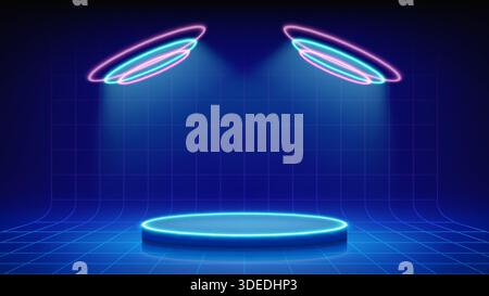 Futuristico palco blu, riflettori, podio. Pavimento in rete con podio rotondo illuminato da blu neon magenta circolare, LED. Visualizzazione dello sfondo del prodotto Illustrazione Vettoriale