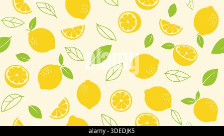 Un rinfrescante motivo vettoriale senza cuciture che mostra i limoni interi, i limoni a fette e le foglie verdi su sfondo giallo pallido, ideale per l'arredamento della cucina. Illustrazione Vettoriale
