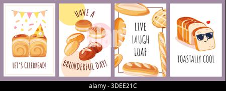 Cartoni animati. Farine di vario tipo, panini, toast, panini e baguette, panetteria fresca, deliziosi pasticcini, prodotti da forno e confezionamento Illustrazione Vettoriale
