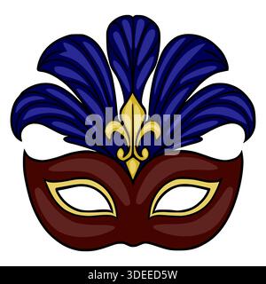 Mascherina vettoriale decorata con piume blu e dettagli in fleur-de-lis oro, perfetta per le feste. Illustrazione Vettoriale