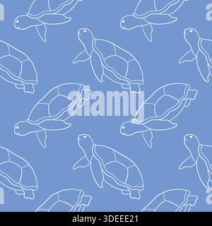 Motivo blu senza cuciture con tartaruga marina in stile line art. Design a tema marino per tessuti estivi. Illustrazione Vettoriale