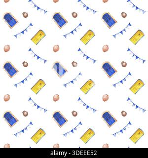 Motivo senza cuciture con sportelli blu e gialli, bandiere a strisce blu, vasi in ceramica marrone su sfondo isolato. Sfondo con greco tradizionale Foto Stock