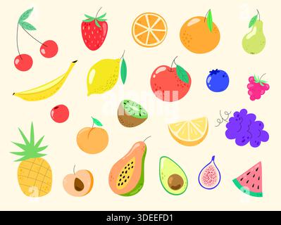 Set di illustrazioni colorate disegnate a mano con frutta e frutti di bosco per un design accattivante Illustrazione Vettoriale