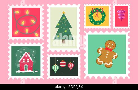 Francobolli colorati a tema natalizio con illustrazioni e disegni natalizi Illustrazione Vettoriale