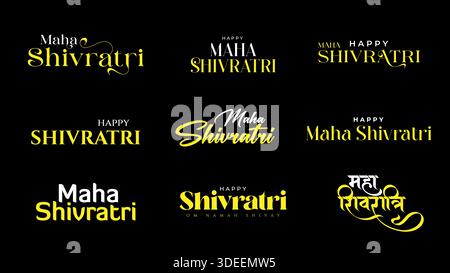 Happy Maha Shivratri modello di progettazione tipografica di testo. Maha Shivratri, calligrafia del logo Shivratri, simbolo di dio indiano. Illustrazione Vettoriale