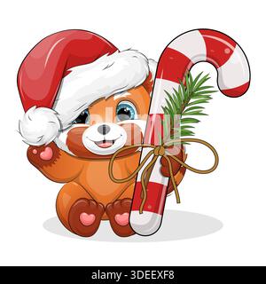 Carino cartone animato Red Panda con cappello Snata e canna da zucchero natalizia. Illustrazione vettoriale di Capodanno di alimenti animali e dolci su sfondo bianco. Illustrazione Vettoriale