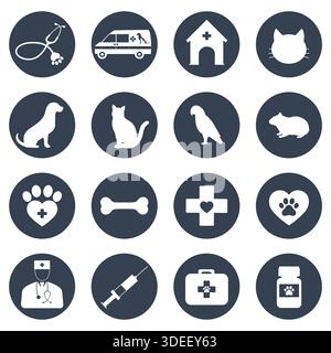 Set di icone per medicina, sanità, farmacia, veterinario su sfondo bianco Illustrazione Vettoriale