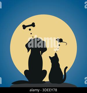 cane e gatto si siedono sullo sfondo della luna e del cielo notturno Illustrazione Vettoriale