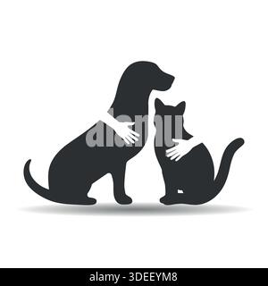 la silhouette di un cane e di un gatto abbracciano le mani su uno sfondo bianco Illustrazione Vettoriale