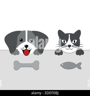 sagoma di un cane e di un gatto vicino al tavolo osservano l'osso e il pesce Illustrazione Vettoriale