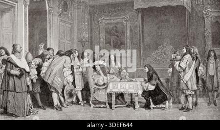 Luigi XIV e Moliere, dopo il dipinto di Jean-Léon Gérôme. Luigi XIV, 1638 – 1715, noto anche come Luigi il dono di Dio, Luigi il grande o Re Sole. Re di Francia. Jean-Baptiste Poquelin, conosciuto con il suo nome d'arte Molière, 1622 - 1673. Drammaturgo e attore francese. Foto Stock