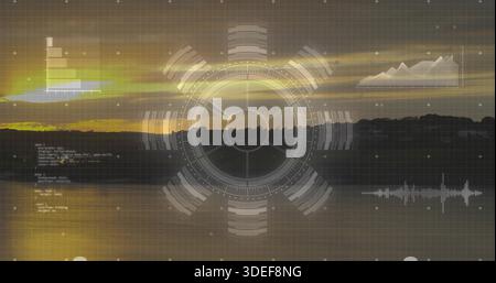 Visualizzazione del reticolo HUD centrale che copre il tramonto del lago, mostra griglia, grafici, linea del terreno, lensflare Foto Stock