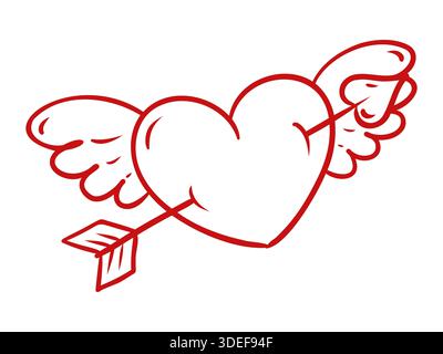 Cuore alato perforato dalla figura con il contorno della freccia. Simbolo d'amore dei cupidi disegnato a mano. Illustrazione vettoriale isolata su sfondo bianco Illustrazione Vettoriale