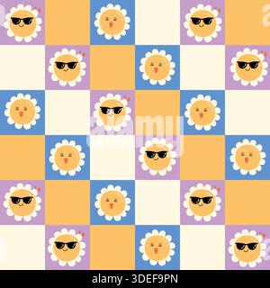 Motivo Daisy Emoji senza cuciture con graziose espressioni floreali nei colori pastello Illustrazione Vettoriale