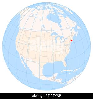 Mappa del globo terrestre che mostra la posizione della città di Hartford negli Stati Uniti (Connecticut). La città nel centro della mappa è contrassegnata con una d rossa Foto Stock