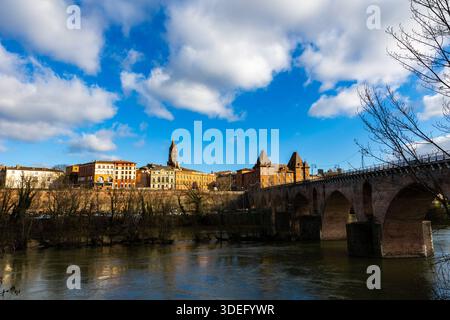 Panorama del centro di Montauban con il Museo Ingres e la Chiesa di San Giacomo, vista dalla riva del fiume Tarn Foto Stock