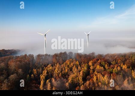 Vista aerea delle turbine eoliche che si innalzano sopra un mare di nebbia, penetrando attraverso il colorato fogliame autunnale di Groß-Umstadt, Assia, Germania. Foto Stock