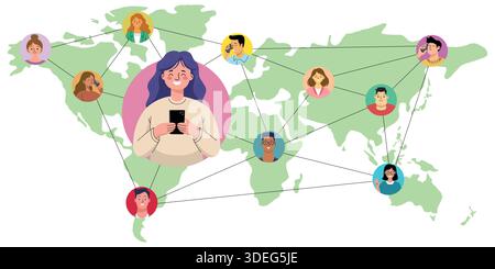 Rete di comunicazione globale che mette in contatto le persone attraverso la tecnologia Illustrazione Vettoriale