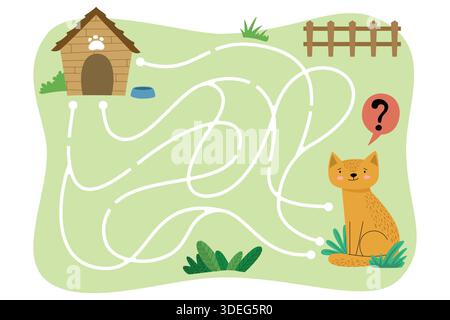 Adorabile puzzle labirinto di gatto che conduce a una cuccia per cani Illustrazione Vettoriale