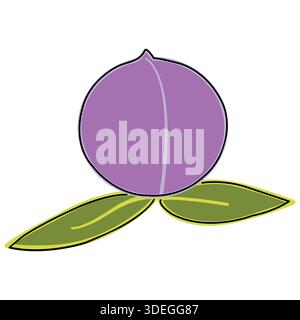 prugna con due foglie isolate su sfondo bianco; contorno logo doodle Illustrazione Vettoriale