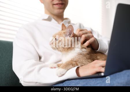 Uomo sorridente con il suo gatto carino che usa il laptop sul divano di casa, primo piano Foto Stock