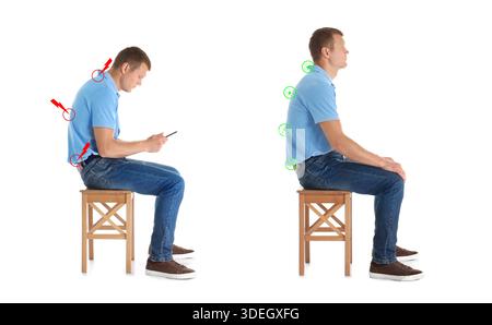 Uomo con postura scarsa e buona seduta su sgabello su sfondo bianco, collage di foto Foto Stock