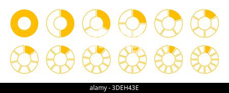 Diagrammi rotondi gialli delle ruote divisi con dodici segmenti. Divisione circolare su 1 2 3 4 5 6 7 8 9 10 11 12 parti qual. Giallo guida vuoto Illustrazione Vettoriale