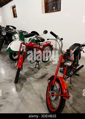 Khodakhkiv, Ucraina - 29 novembre 2025: Una collezione di moto d'epoca riga 11 e uno scooter all'interno di un garage ordinato, con design retrò e co Foto Stock