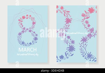 Teneri cartellini blu in set per l'8 marzo con fiore rosa Illustrazione Vettoriale