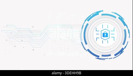 Visualizzazione dell'interfaccia circolare blu-bianca con anelli concentrici e lucchetto a destra, copia spazio Foto Stock