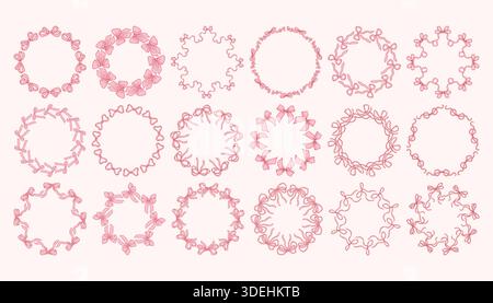 Set vettoriale di telai per ghirlande ad arco in delicata linea rosa art. Set di fiocchi stravaganti. Eleganti bordi circolari decorativi per inviti e matrimoni Illustrazione Vettoriale