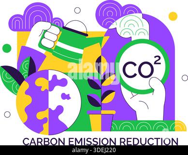 Illustrazione della riduzione dell'impronta di carbonio con analisi dell'impatto ambientale con effetti di CO2 sulla natura clima ed equilibrio ecologico Illustrazione Vettoriale